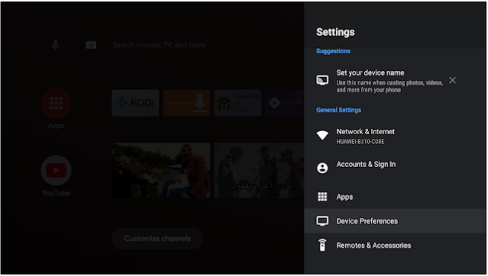 Preferencias del dispositivo en la configuración de Android TV